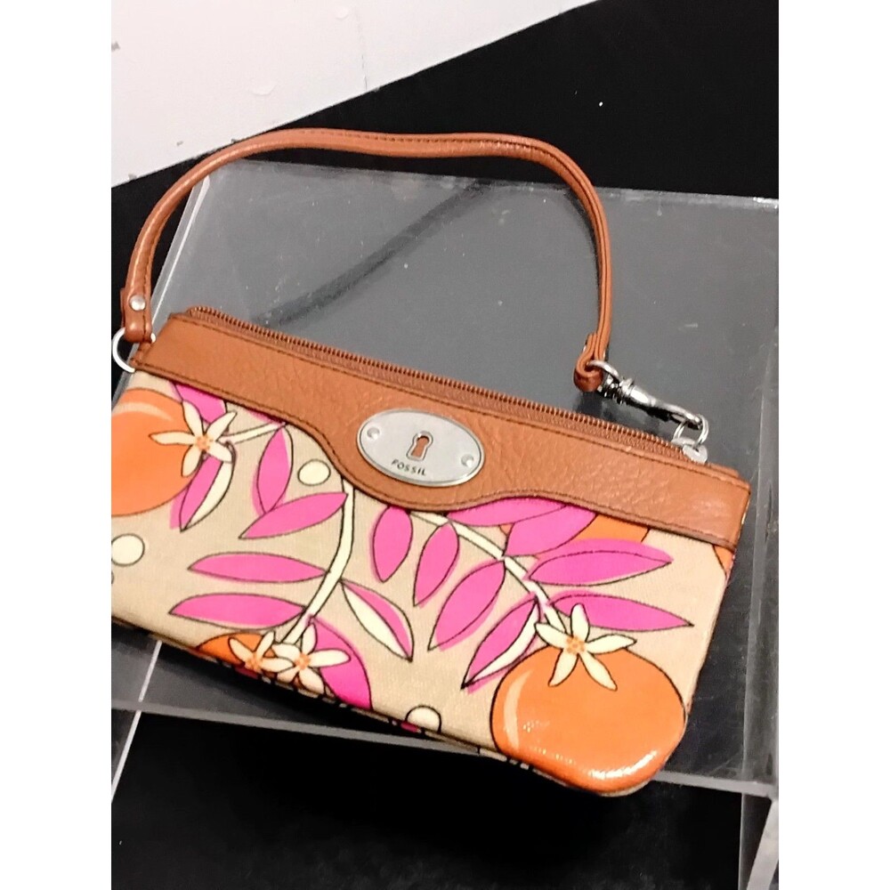 Fossil Key-Per Corner Zip Wristlet Wallet Multicolor Coated Canvas Brown Leather